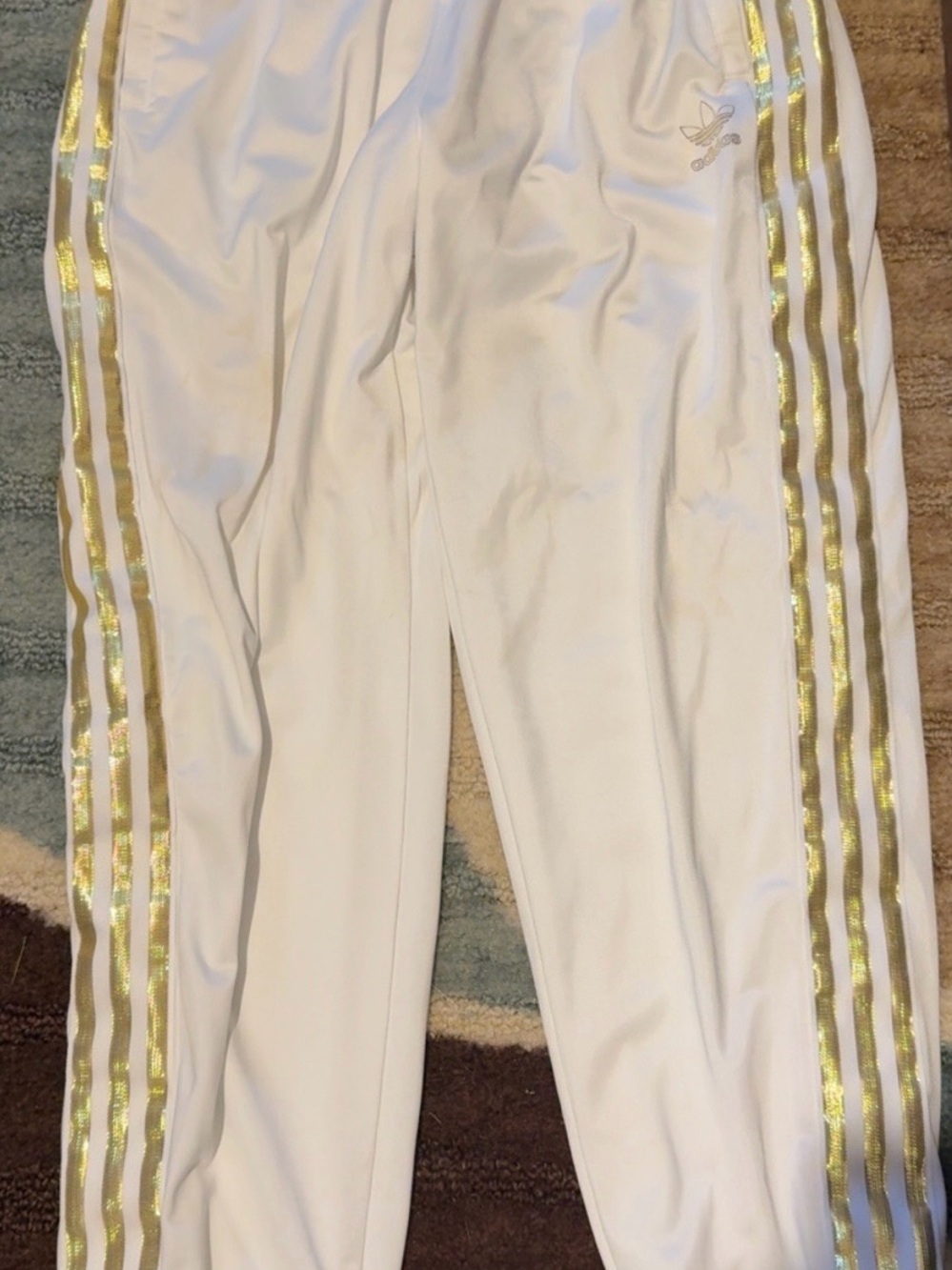 adidas White Track Pants with Metallic Gold Stripes